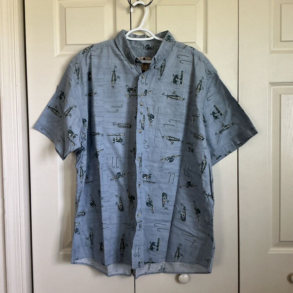 Woolrich Men XL Blue Fishing Shirt All Over Lures Hooks Reels Short Sleeve